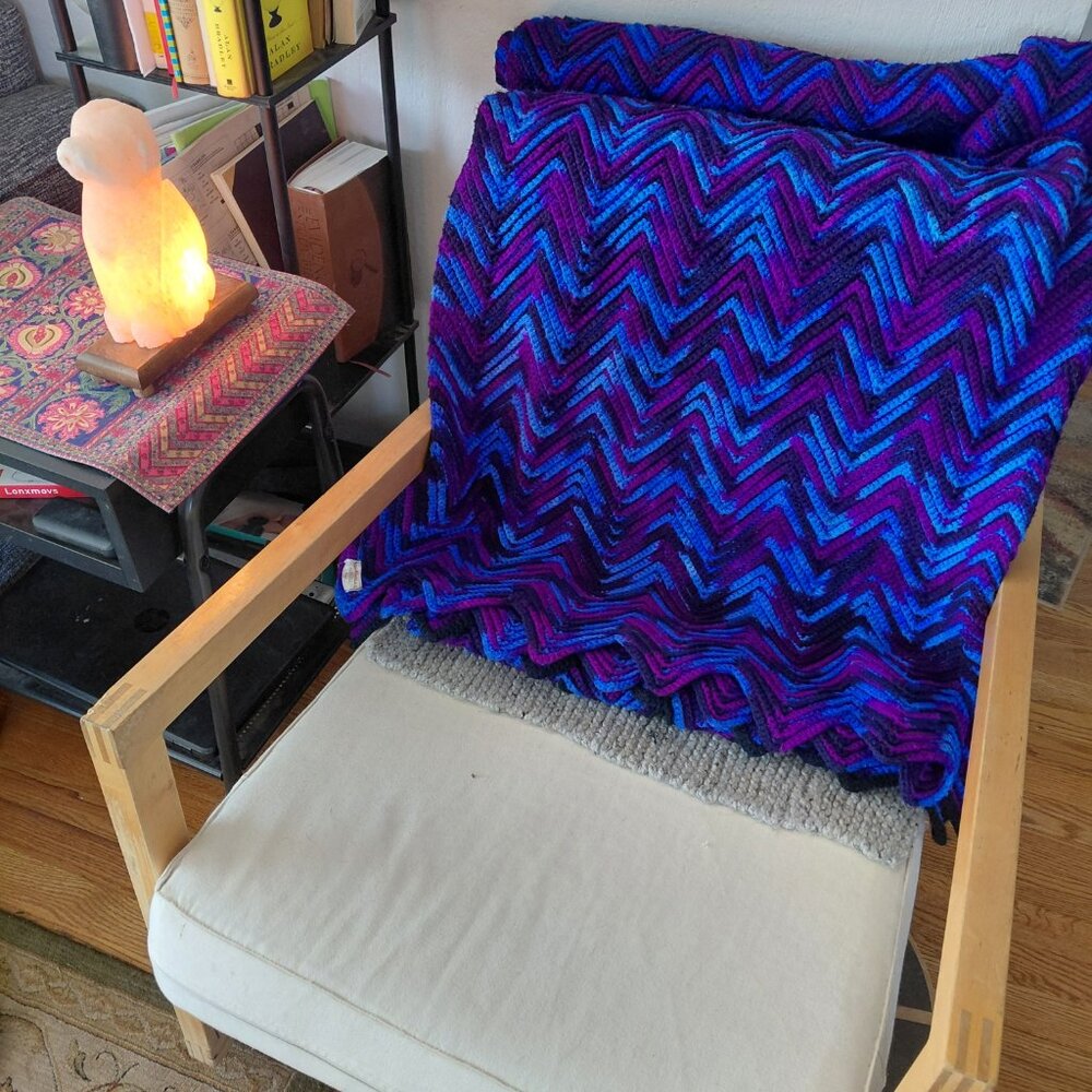 Vintage Handmade Crochet Chevron Blanket Throw Teal Purple Afghan 78x53 - Picture 11 of 11